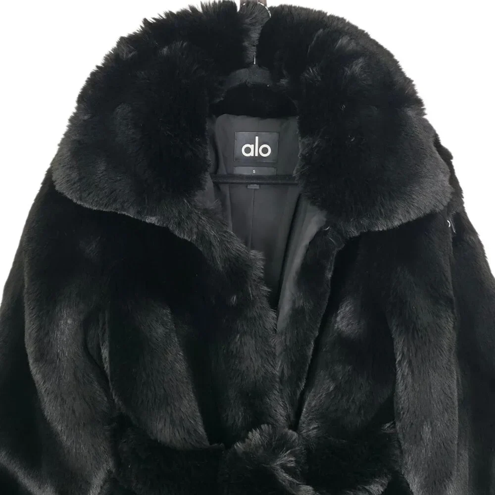 Alo‎ Yoga Starstruck Faux Fur Coat Black Belted Size S